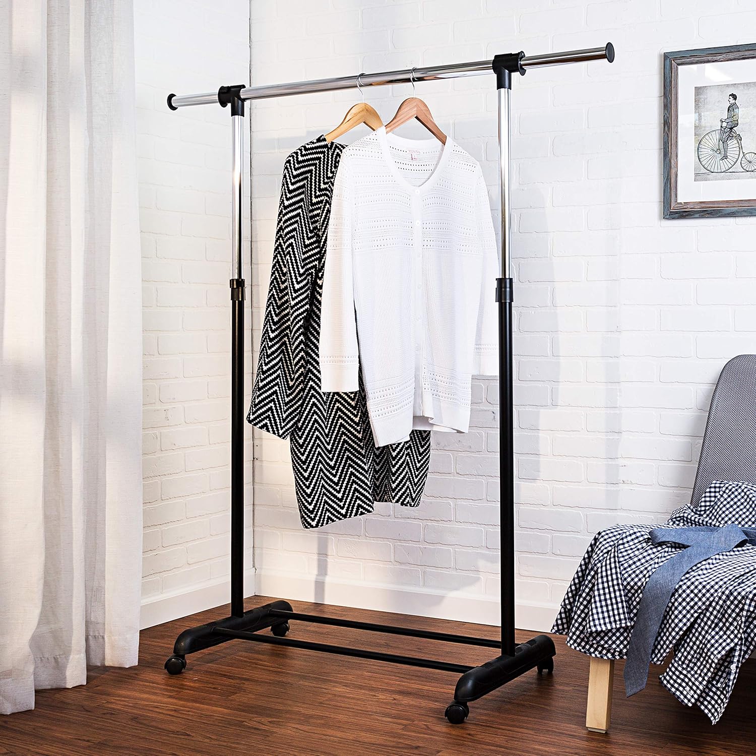 Honey-Can-Do Height-Adjustable Rolling Garment Rack with Expandable Bar and Shoe Shelf, Chrome, 30 lbs: Home & Kitchen