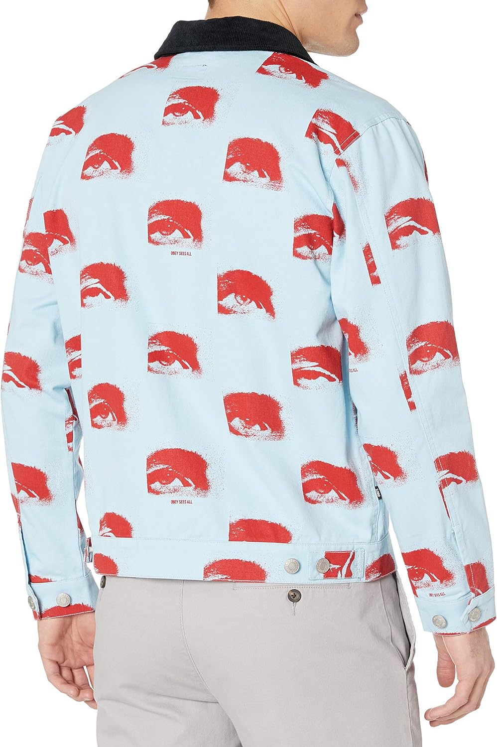 Obey Men's Boxy fit. Printed Zip Jacket with Contrast Corduroy Collar: Clothing