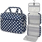 PAVILIA Hanging Toiletry Bag Travel Bag Women Men, Foldable Cosmetic Organizer, Roll up Makeup Bag, Water Resistant Accessories Toiletries, Large Travel Essentials Kit (Navy Polka Dot)