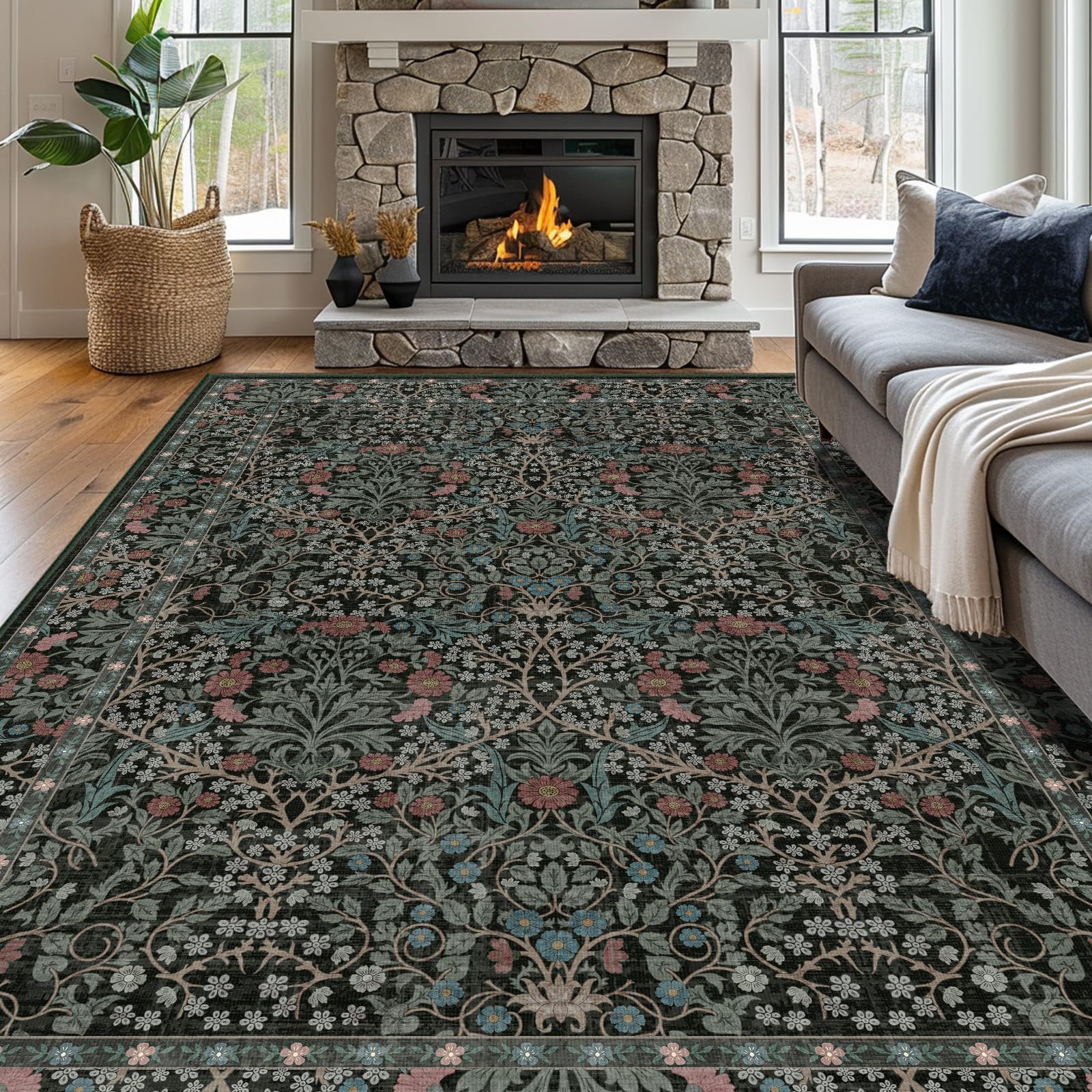 Photo 1 of shinefly 8x10 Washable Area Rugs for Living Room, Stain Resistant Vintage Rugs for Dining Room Under Kitchen Table, Bedroom, Floral Low Pile Non-Slip Large Carpet (8 x 10 Dark Green)