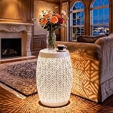 Ultym 18" Metal LED Side Table Outdoor, 3-Mode Lights, Modern Drum Design | Versatile Decorative Table with Lights,Use as Coffee Table, Accent Table,Garden Stool, Nightstand for Patio, Living Room