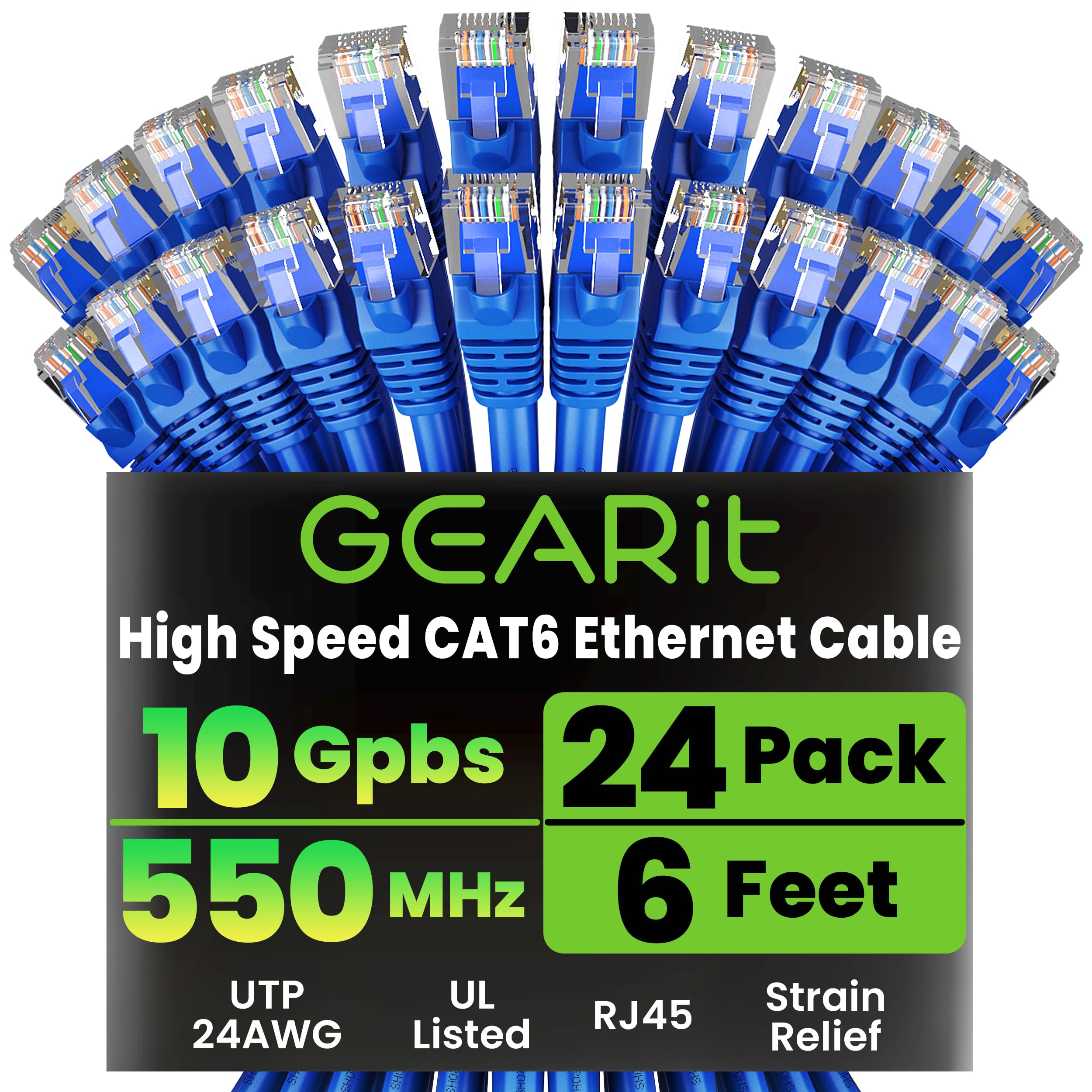 GEARit Cat 6 Ethernet Cable (24-Pack 6 Feet) Cat6 Network Patch, 10Gbps, RJ45, Snagless Cord, Gold-Plated Connectors, Internet for PC, TV, Tablet, Router, Printer, Servers, IT Data Center - Blue