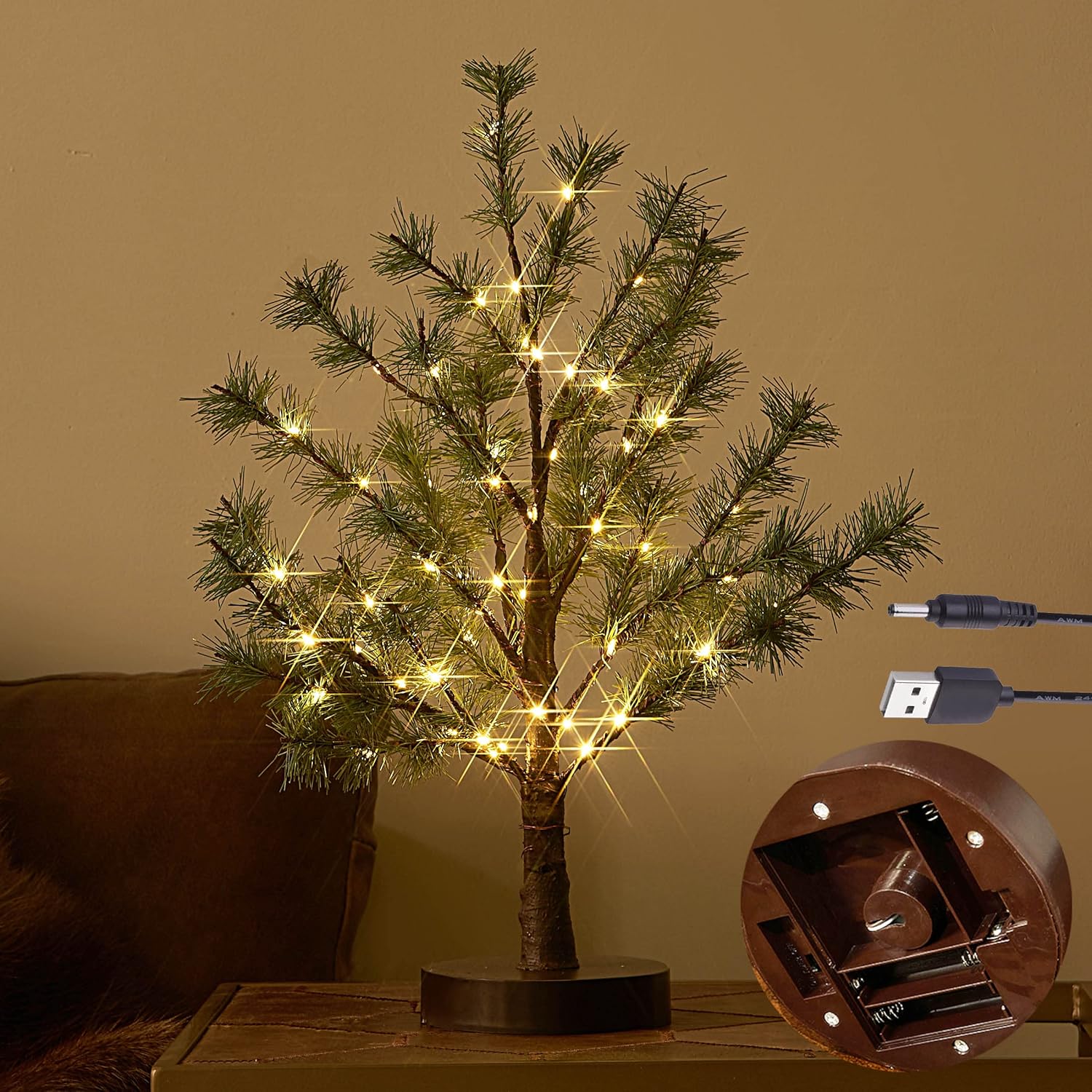 Trees - Hairui Christmas Tabletop Pine Tree Lights 60 LED 18IN Battery or USB Oprerated with Timer, Lighted Pine Tree for Home Winter Holiday Decor
