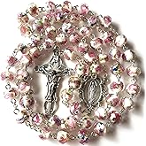elegantmedical Handmade ROSE PINK Veluriyam BEADS GUADALUPE ROSARY & ITALY CROSS Catholic necklace