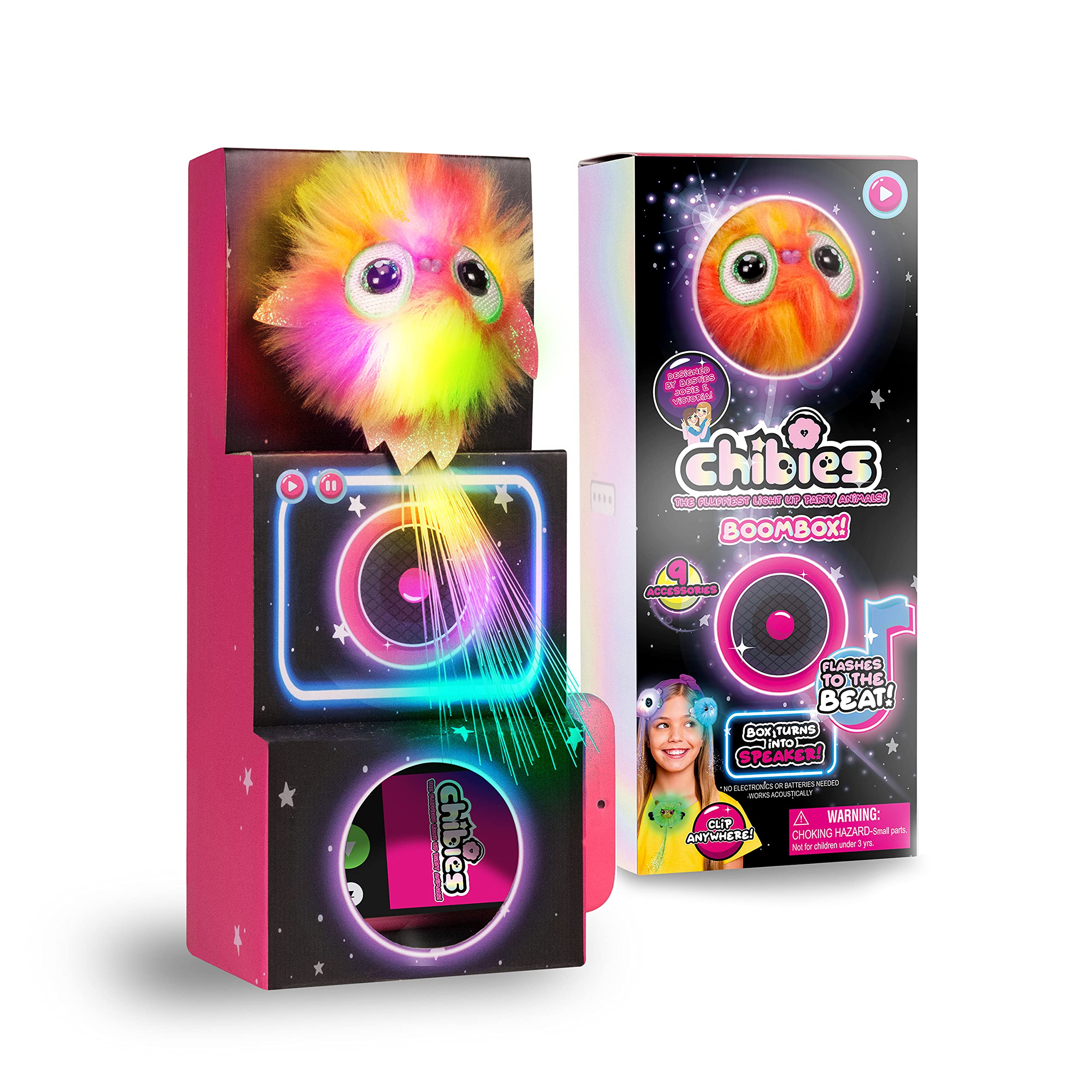 CHIBIES Boom Box - Sparkle | Cute Fluffy Party Pets That Flash to the Beat of Music | Interactive Animal Soft Toy Characters
