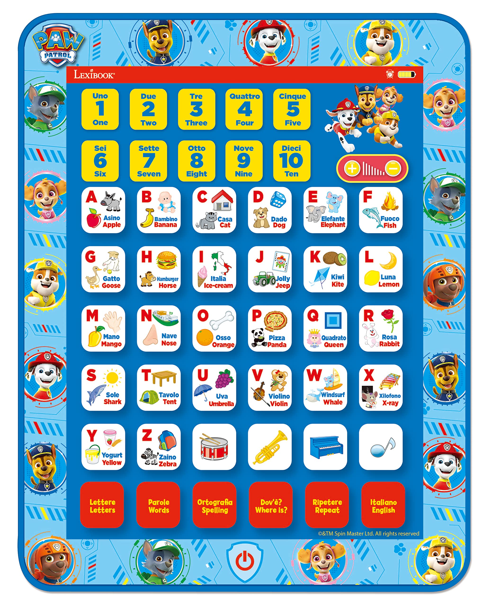 LEXIBOOK, Paw Patrol, Educational Bilingual Interactive Learning Tablet, Toy to learn alphabet letters numbers words spelling and music, English/Italian, Blue, JCPAD002PAi5