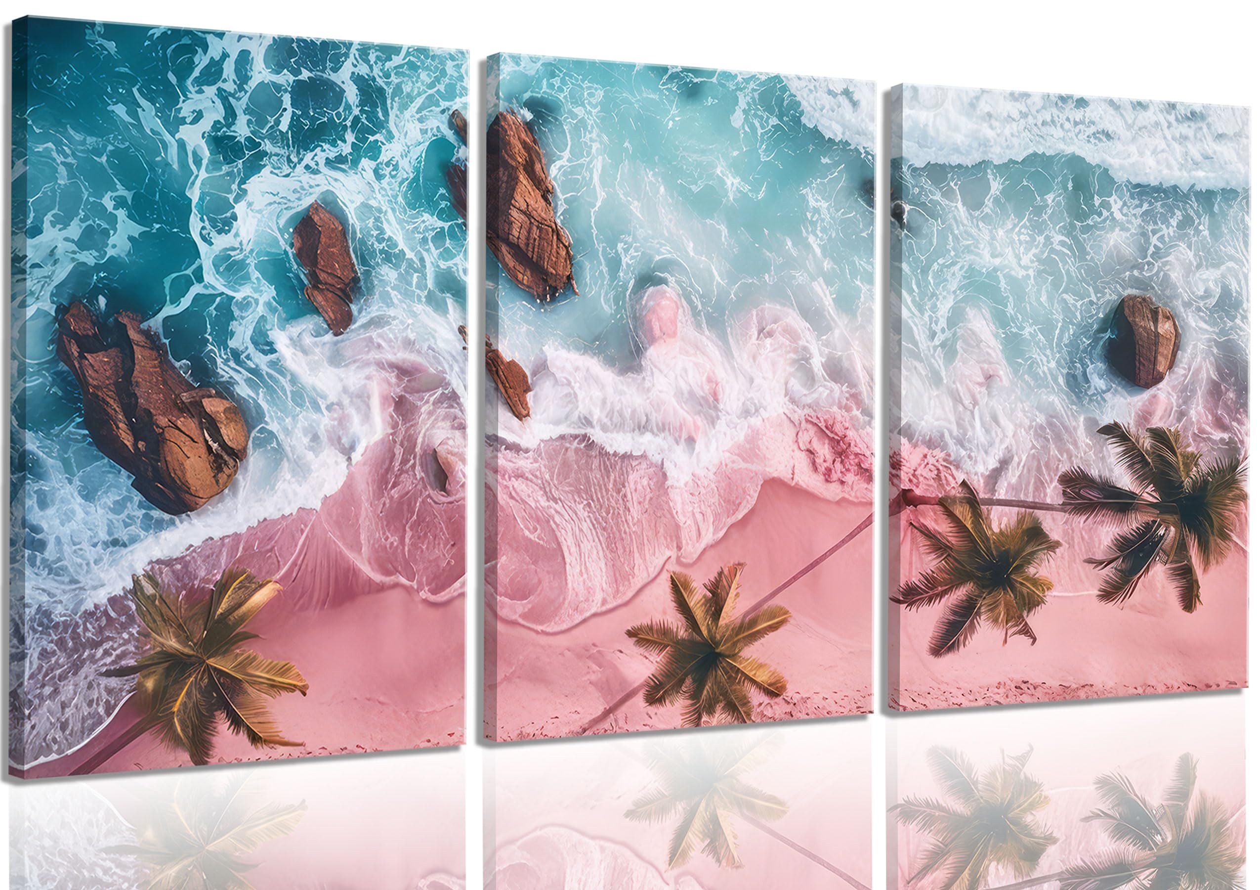 Photo 1 of 3Pcs Pink Beach Canvas Wall Art Tropical Coastal Palm Trees Wall Decor Pictures Preppy Ocean Wave Landscape Posters Prints for Living Room Bedroom Teen Girls Room Artwork Home Decoration Unframed