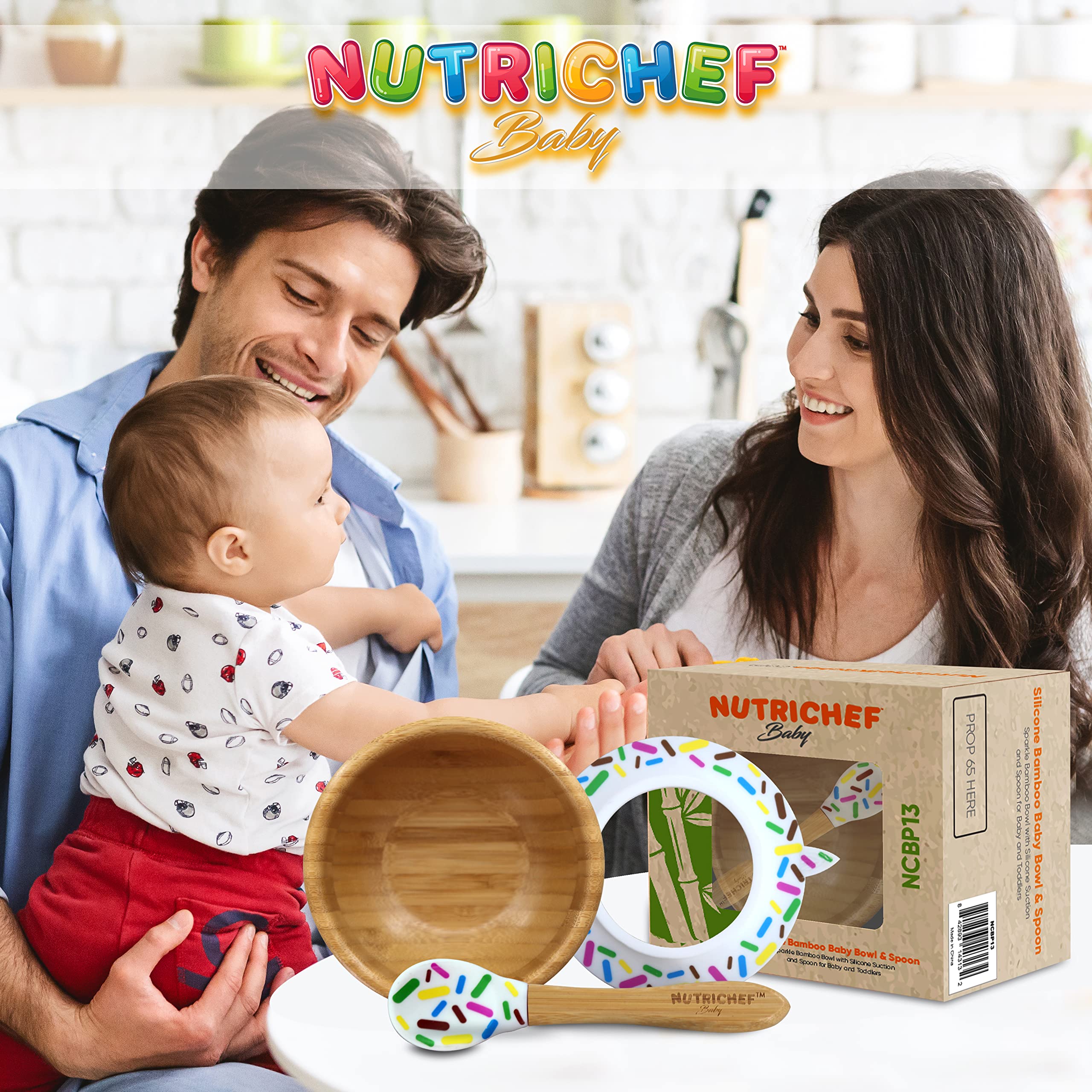 NutriChef Bamboo Baby Feeding Bowl - Wooden Infant Toddler Dish and Spoon Set w/Silicone Suction Base for Stay Put Eating, For Children Aged 4-72 Months (Sparkle)