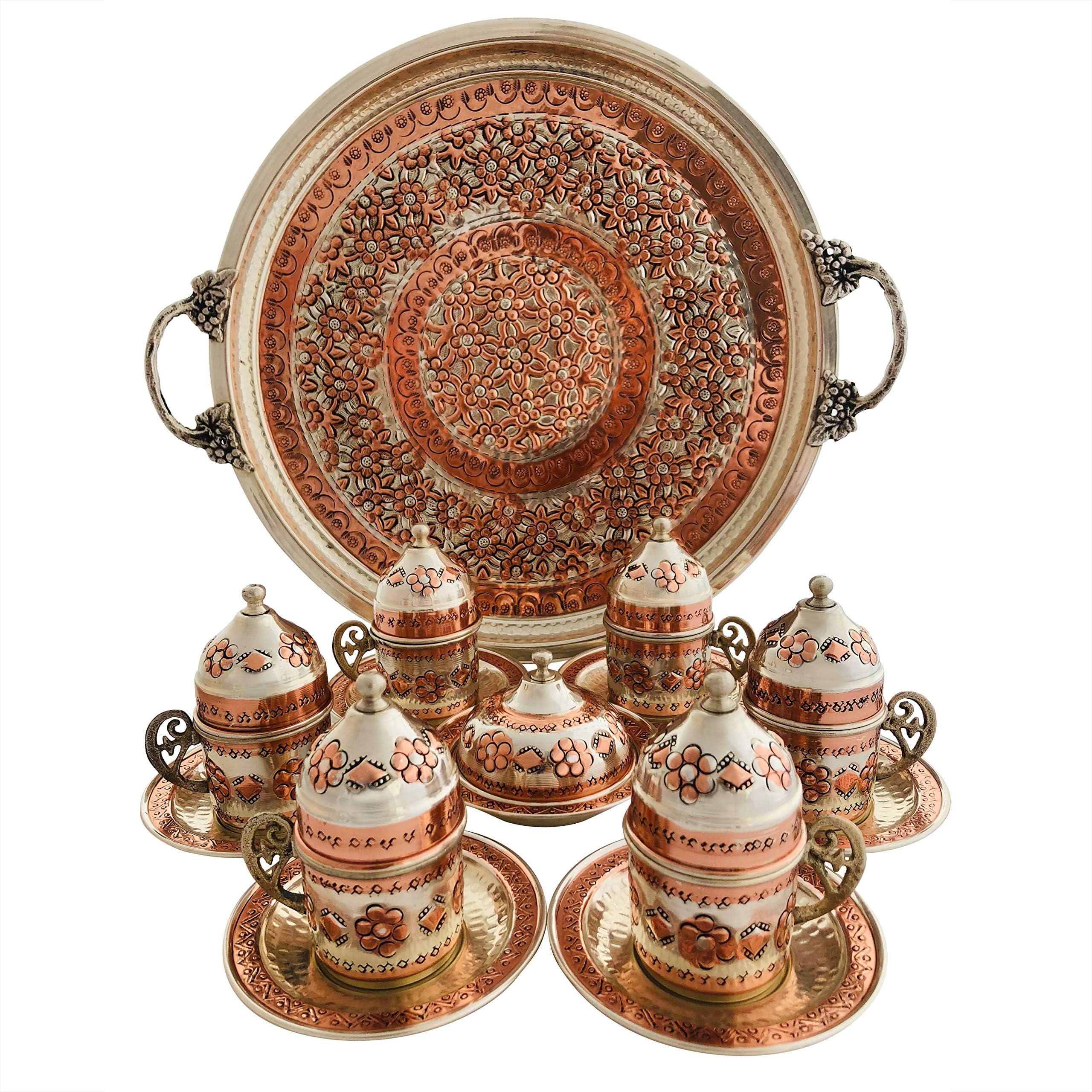 Mandalina Magic Copper Turkish Coffee Set, 6 Cups, Tray, Sugar Bowl, w/Silver-Plate