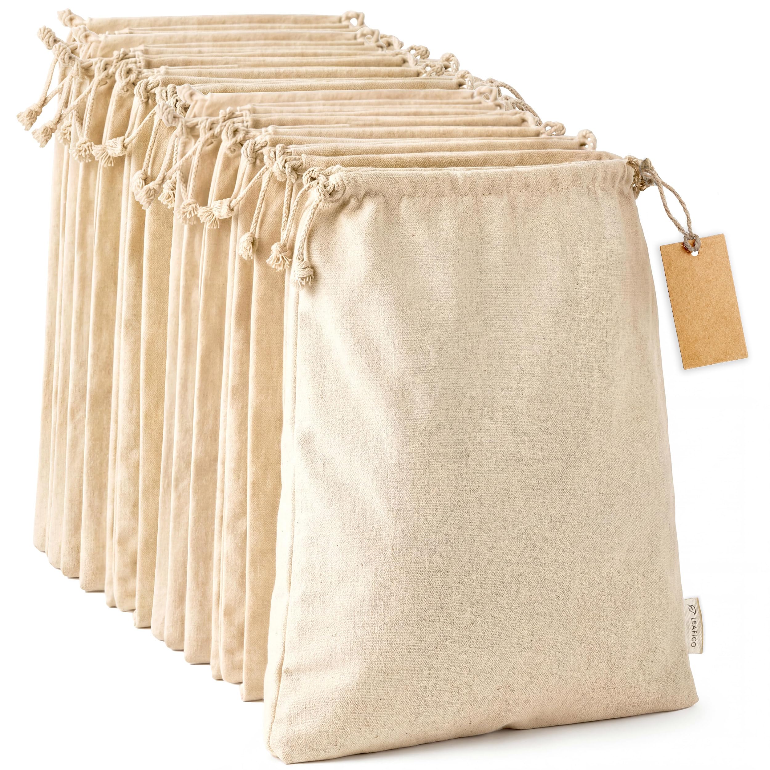 Leafico Cotton Produce Bags - Large 25x30 cm - 12 Pcs Multipurpose Eco Cloth Bags - Muslin Fabric Sacks with Drawstrings - Linen, Canvas Pouches for Vegetables and Bread