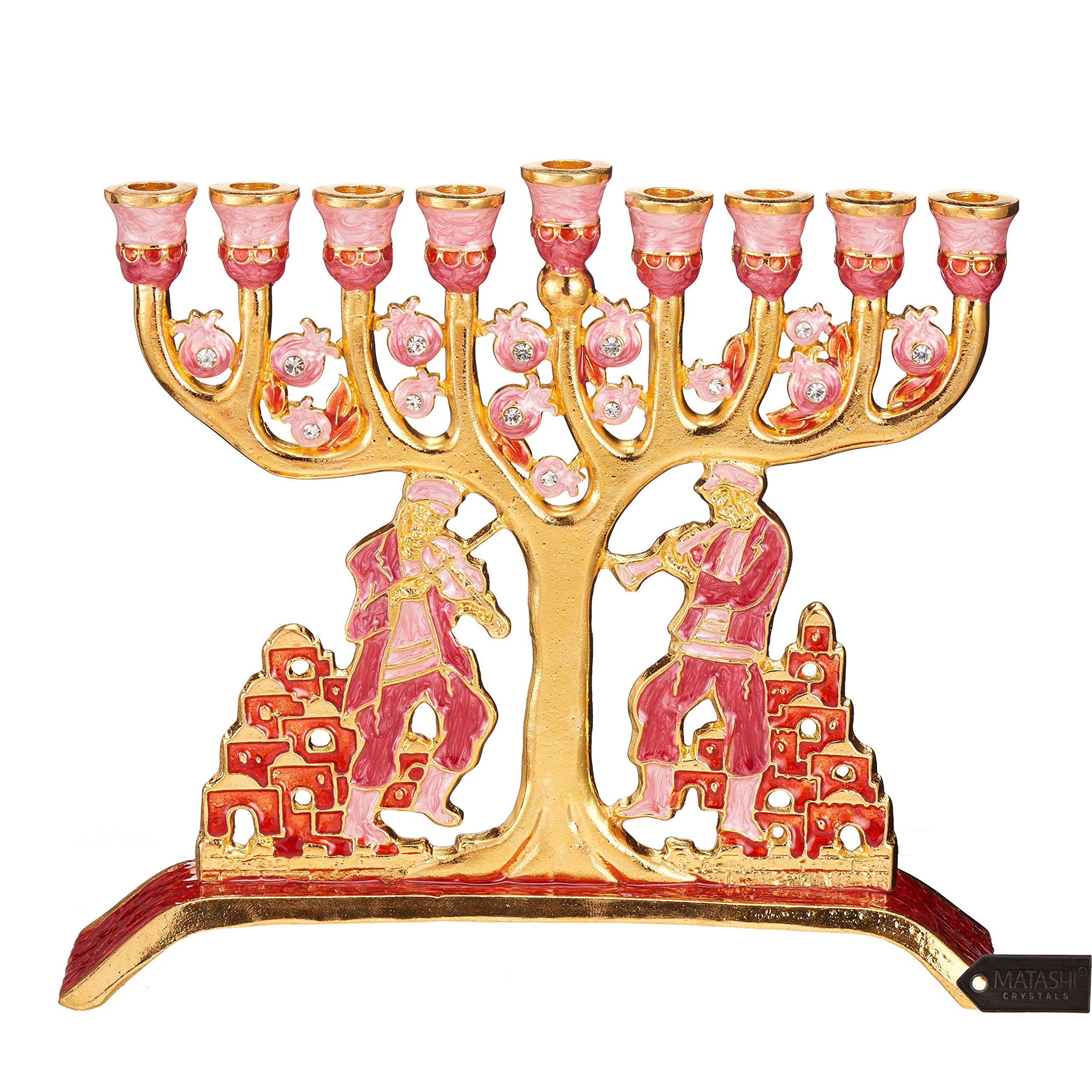 MatashiMTMNR13544 Hand Painted Dancing Men with Jerusalem Cityscape Design Menorah Candelabra