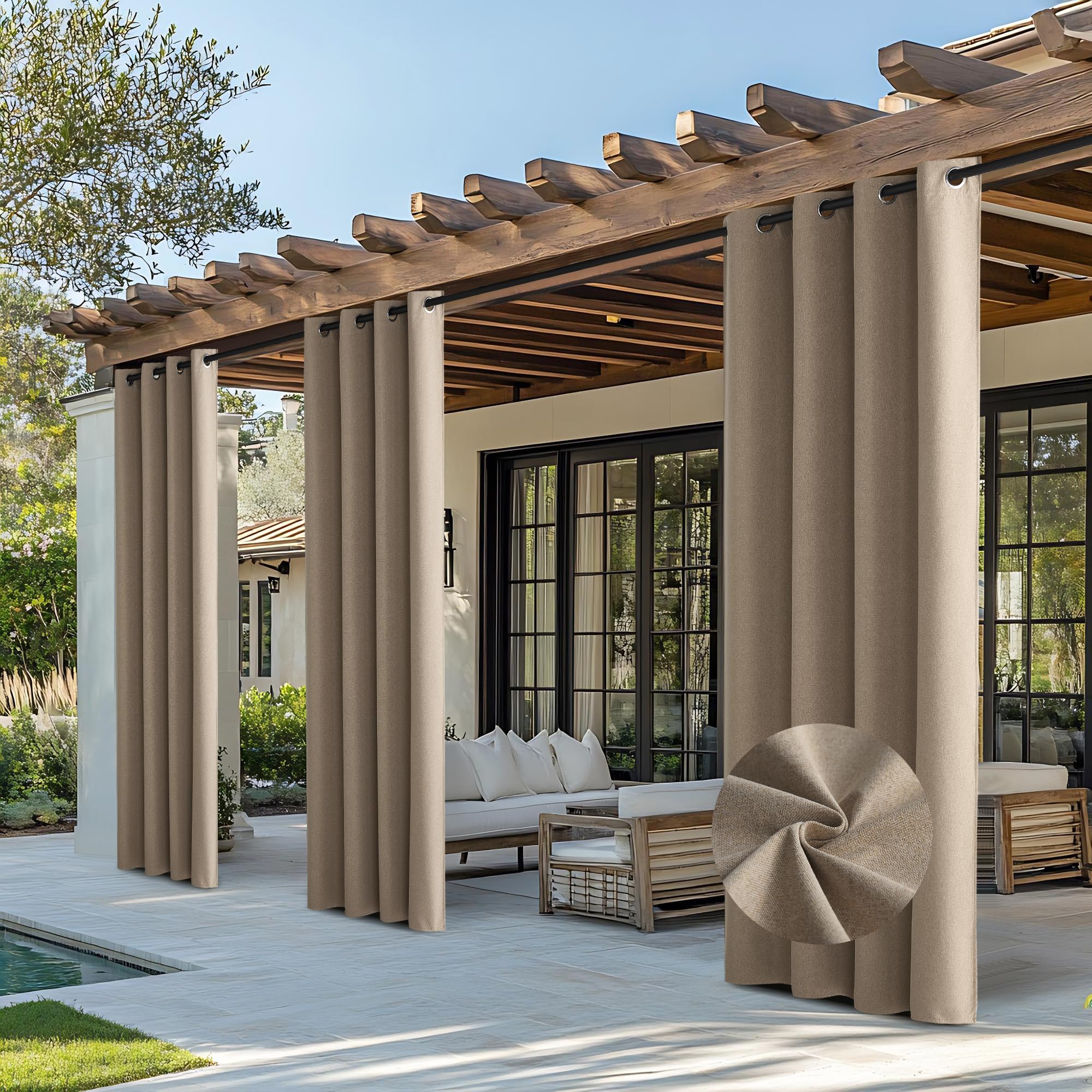 Photo 1 of NICETOWN Outdoor Curtains for Patio Waterproof, Thermal Insulated Linen Textured 100% Blackout Outside Drapes for Gazebo, Privacy Sun Shades for Indoor, Bathroom, W52 x L84 Inch, Taupe, 2 Panels