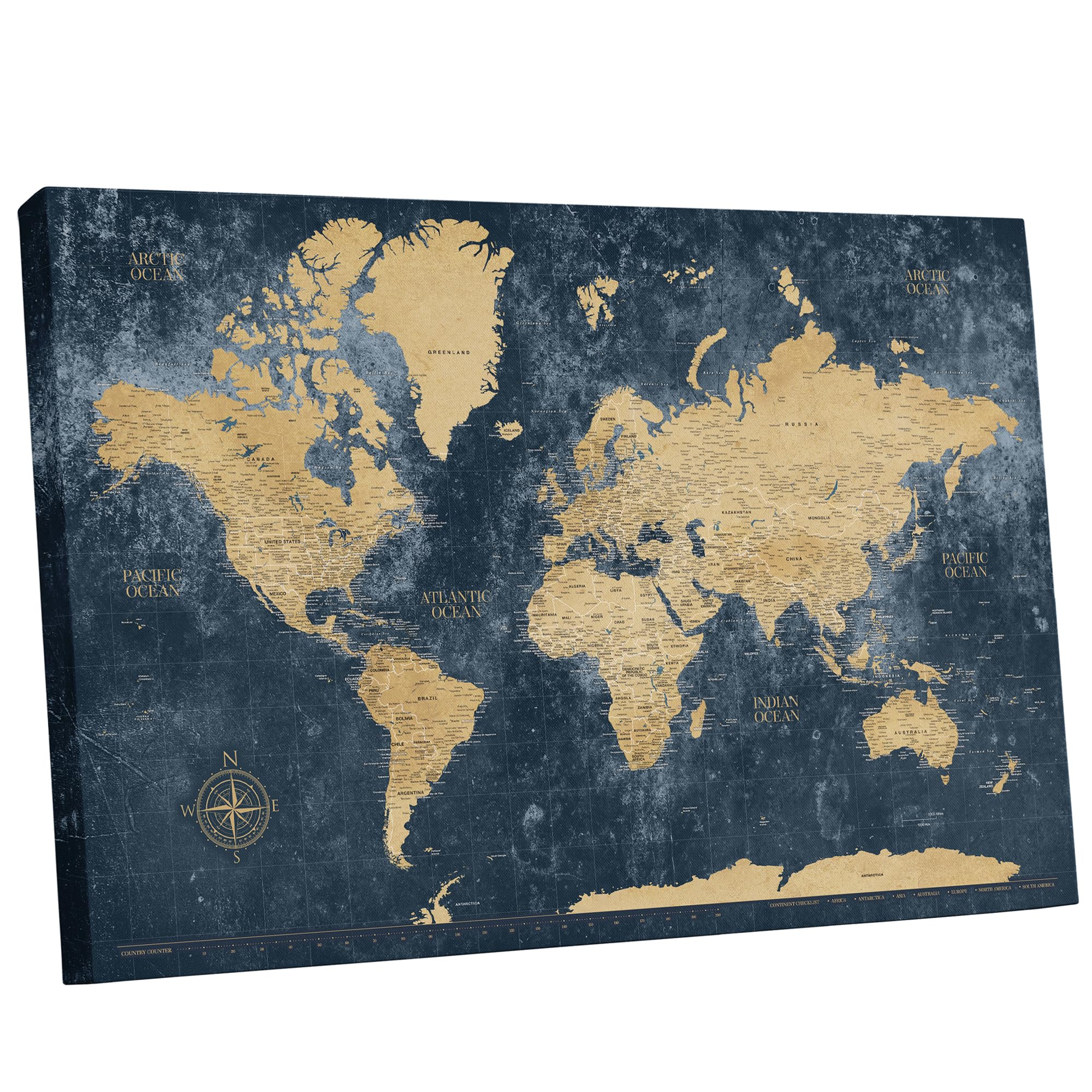 HolyCowCanvas Gold & Navy World Travel Map with
