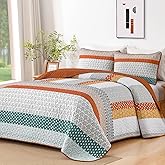 WONGS BEDDING Orange Quilt King Size, Bohemian Stripe Quilt Sets 3 Pieces Boho Quilted Bedspread Set Lightweight Microfiber Coverlet Bedding Set All Season (104"x90")