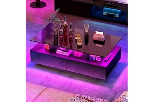 YITAHOME LED Coffee Table with Storage, High Glossy LED Coffee Tables for Living Room, Modern Black Rectangle Coffe Table, Small Center Table with Open Display Shelf & 4 Sliding Drawers, Glossy Black