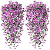 UXORSN 4 Pack Artificial Hanging Flowers for Outdoors 30 Inch Purple Fake Orchid Flower UV Resistant Faux Outdoor Hanging Plants Greenery for Window Planter Patio Yard Garden Decor
