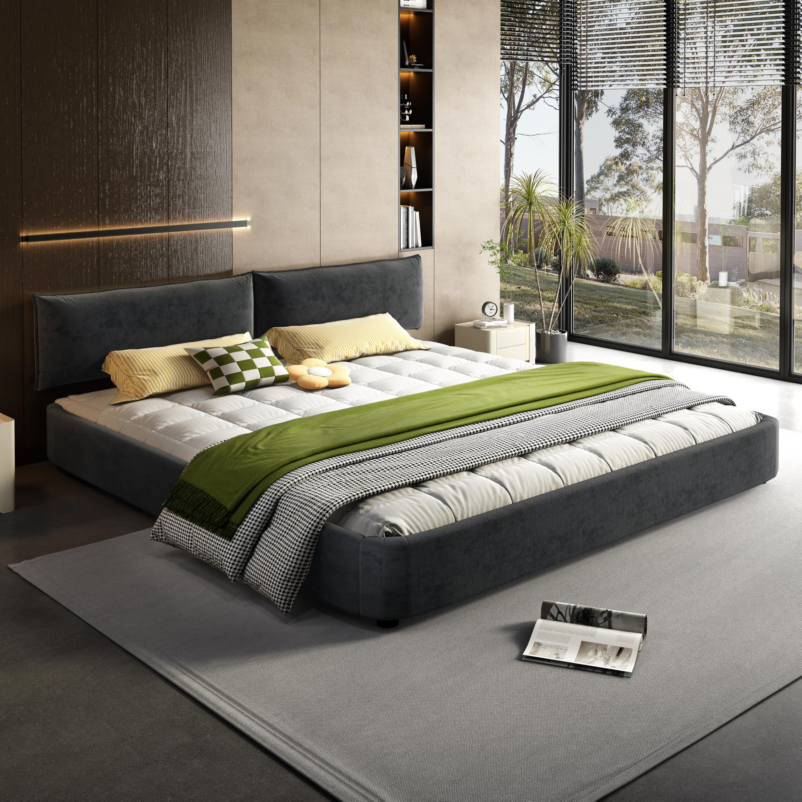 Photo 1 of ***UNKNOWN MISSING ASSEMBLY PIECES*** KEIKI King Size Cloud Bed Frame with Oversized Padded Movable Headboard, Chenille Upholstered Bed with Round Corner for Bedroom, No Box Spring Needed, Dark Grey