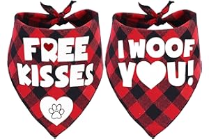 Pohshido 2 Pack Valentine's Dog Bandana, Holiday Buffalo Plaid Bandana Scarfs for Small Medium Large Dogs Cats Pet Puppies (Free Kisses)