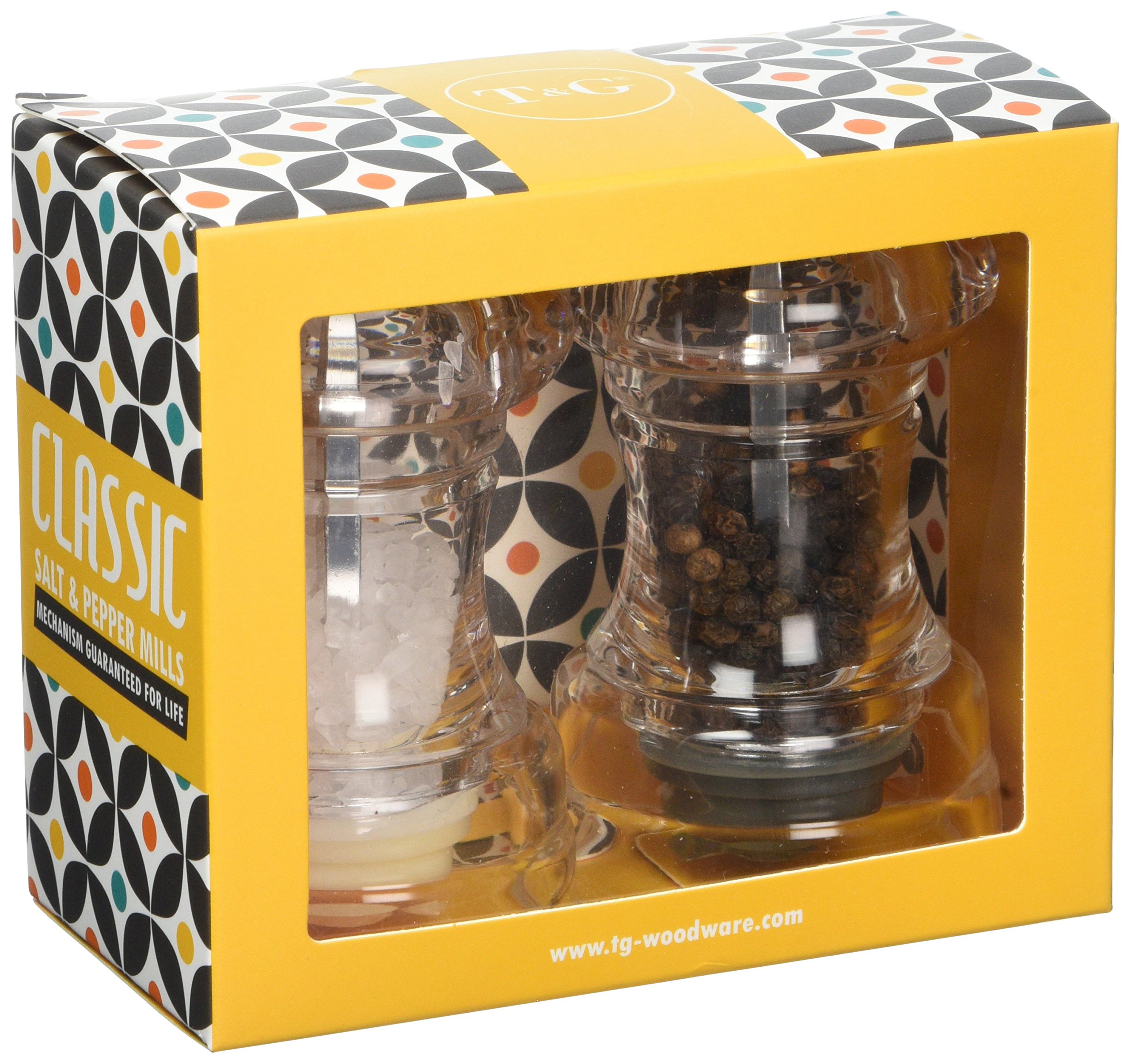 T&G Woodware Classic Capstan Clear Acrylic Pepper and Salt Mill Set with Satin Finish Knobs, 10 cm, Transparent, 12680