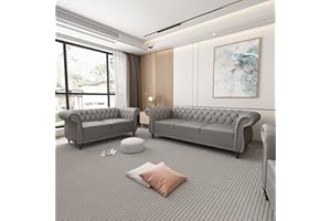 ORRD 2 Pieces Living Room Set, Chesterfield Leather Sofa Loveseat Couch with Scroll Arms and Nailhead for Living Room, Office (Grey)