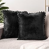 PAVILIA Black Throw Pillow Covers with Pom Pom 18x18 Set of 2, Decorative Pillow Cases for Bedroom Aesthetic, Small Throw Pillows Set for Bed, Velvet Euro Plush Cushion Covers for Sofa Couch