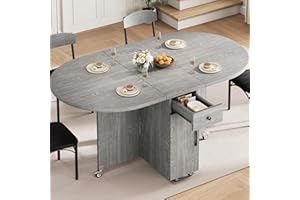 Jocoevol Folding Dining Table for 4 Kitchen Dining Room DinnerTable with Storage Drawer Space Saving Oval Foldable Drop Leaf Gateleg Furniture for Small Space (Grey, 51 * 31.5 * 30)