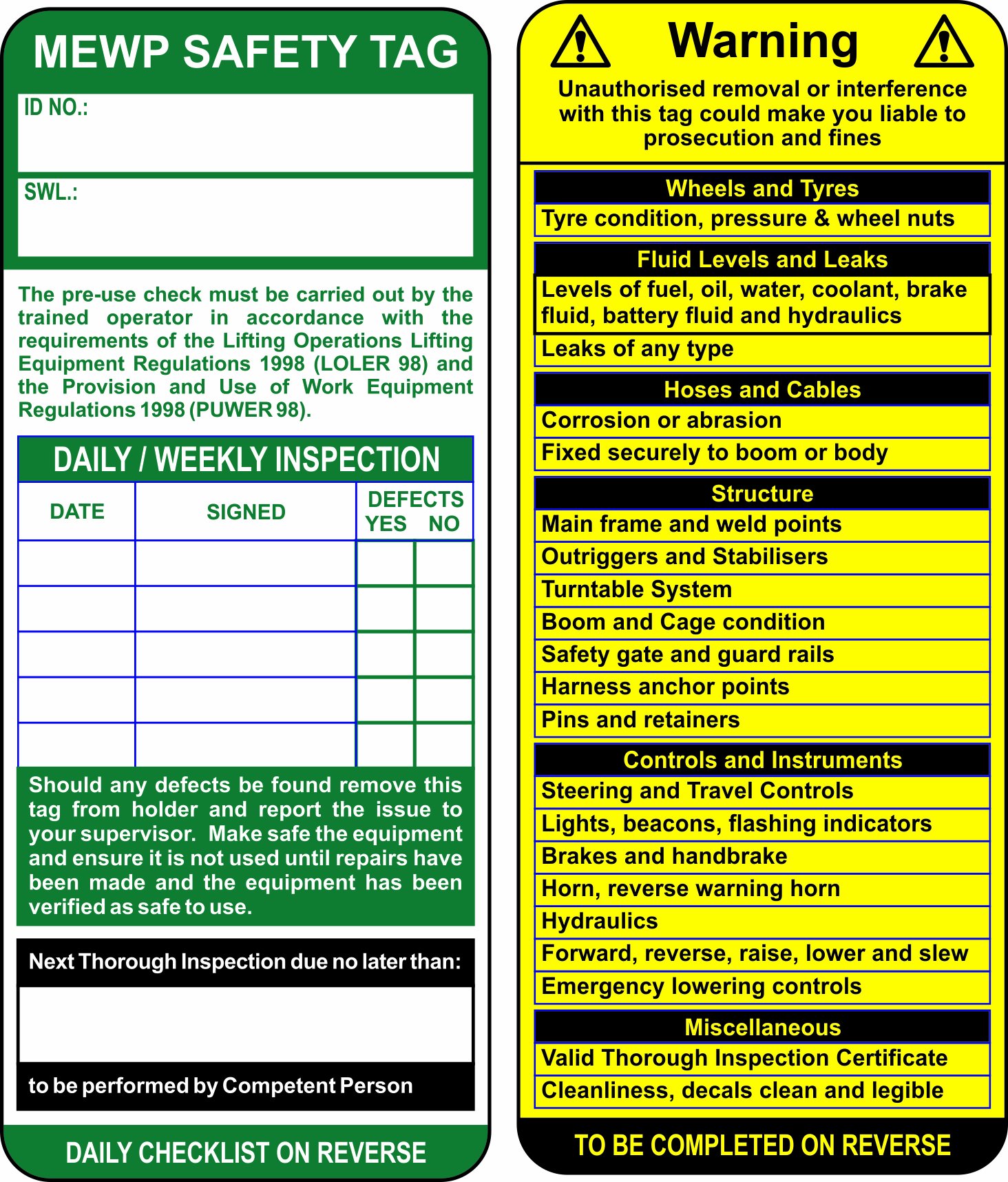 'MEWP (Mobile Elevating Work Platforms)' Tag Insert (Single)