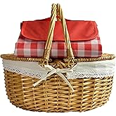 Wicker Picnic Basket with Blankets,Empty Picnic Baskets with Lid,15" Vintage-Style Picnic Hamper with Folding Woven Handle for Camping,Outdoor,Picnic, Birthday,Halloween, Thanks Giving,Canasta De
