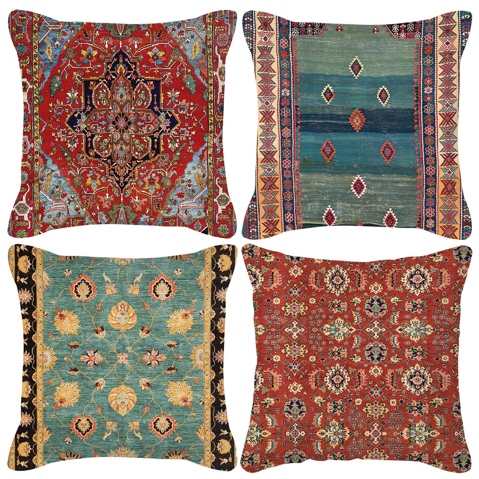 HOSTECCO Kilim Cushion Covers 45x45 cm Pack of 4 Vintage Tribal Cushion Cases Ethnic Patterned Decorative Pillow Covers for Sofa Couch Bed Office