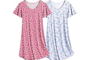 Ekouaer 2 Pack Nightgowns for Women Flare Short Sleeve Sleepshirt V Neck Sleepwear Pajama Dress S-2XL
