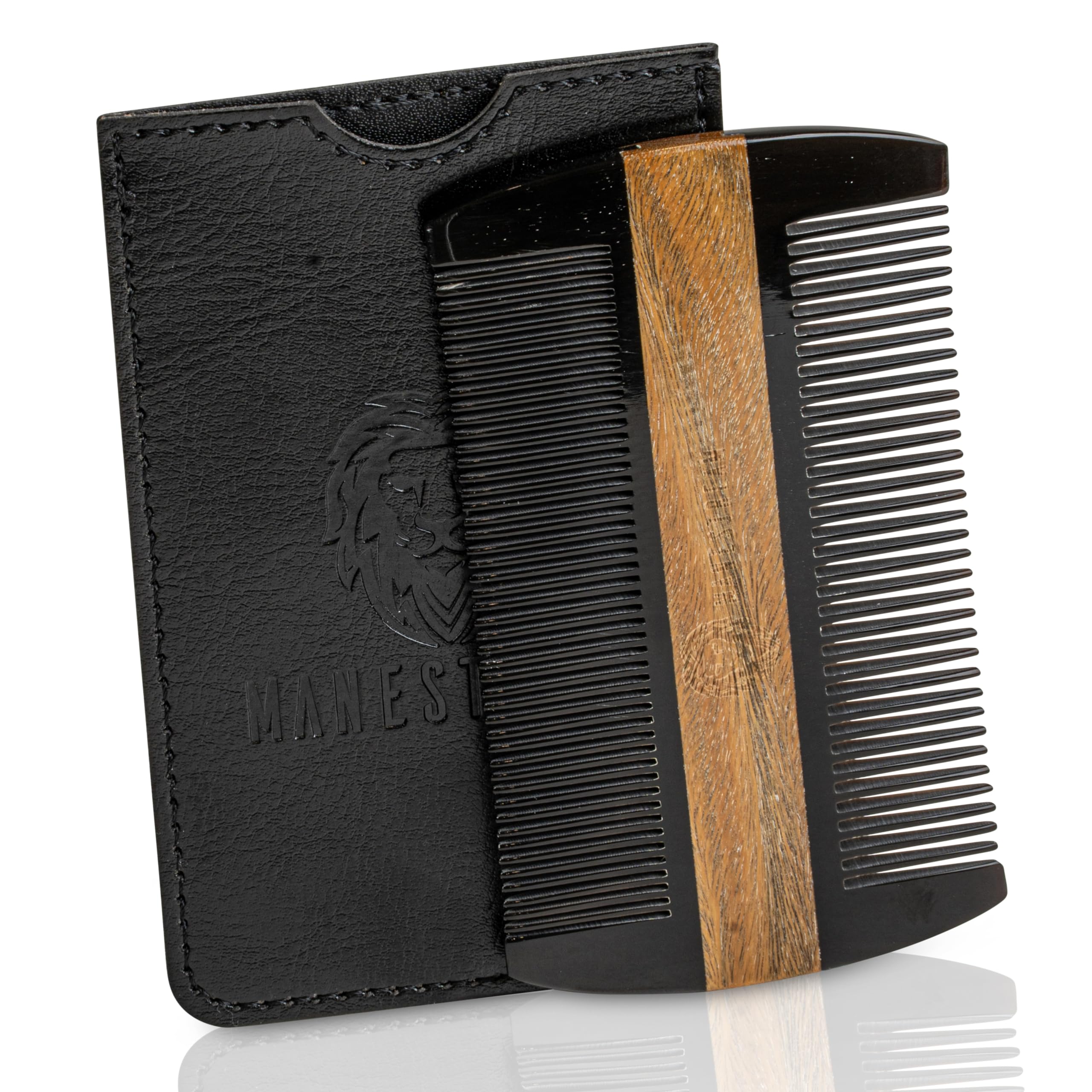 Premium Natural Ox horn and Sandalwood Beard Comb Dual-Action | Double Sided Beard & Mustache Comb with Black Protective Case | Perfect Grooming Companion & Gift for Men – by Man & Mane — image 1