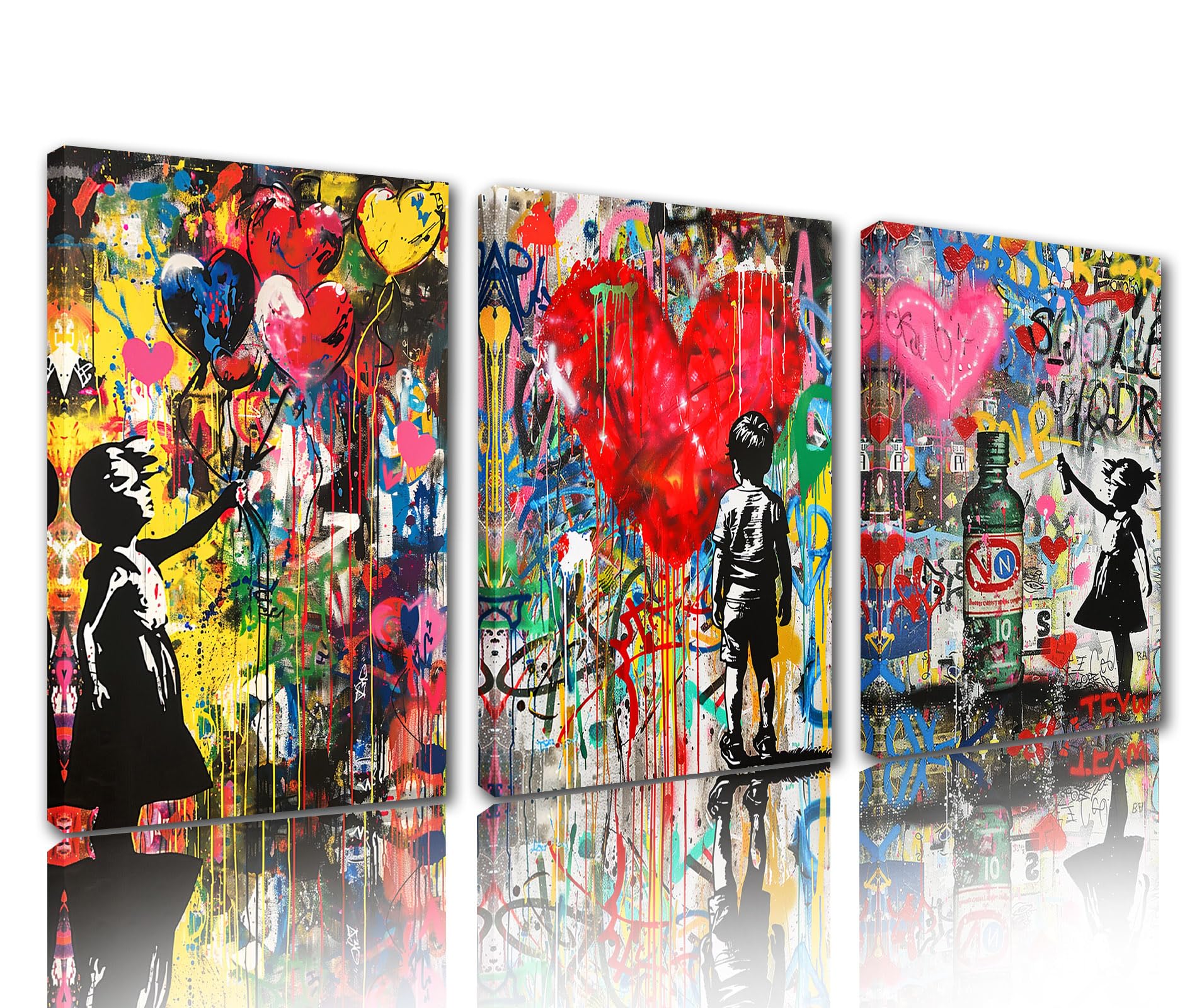 Tucocoo Room Wall Pictures Banksy Colorful Graffiti Paintings 3 Pcs Canvas Abstract Little Girl Balloon Modern Artwork Home Decor for Living Room Bedroom Office Framed Ready to Hang Gift 42''Wx20''H