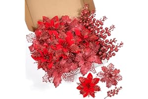 Sawowkuya 22 Pcs Red Christmas Poinsettia Artificial Flowers and Glitter Berries Stems Kit, Christmas Poinsettias Decorations and Christmas Tree Ornaments for Xmas Home Wedding Holiday Tree Decor