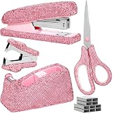 SlowVibes Bling Pink Stapler, Tape Dispenser with Scissors &amp; Staple Remover | Rhinestone desk accessories set with 1000 staples, cute sparkle pink office supplies for women girls,gift for office lady