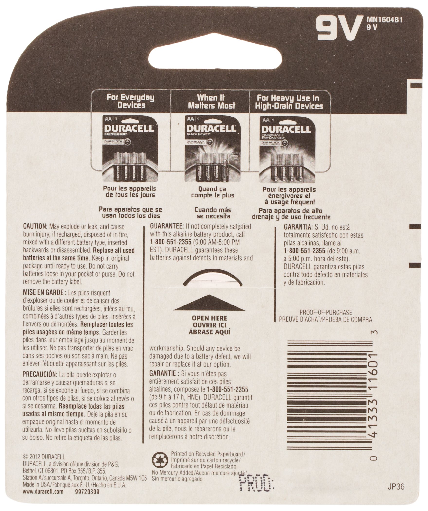 DURACELL Alkaline 9V Battery, 1 Count