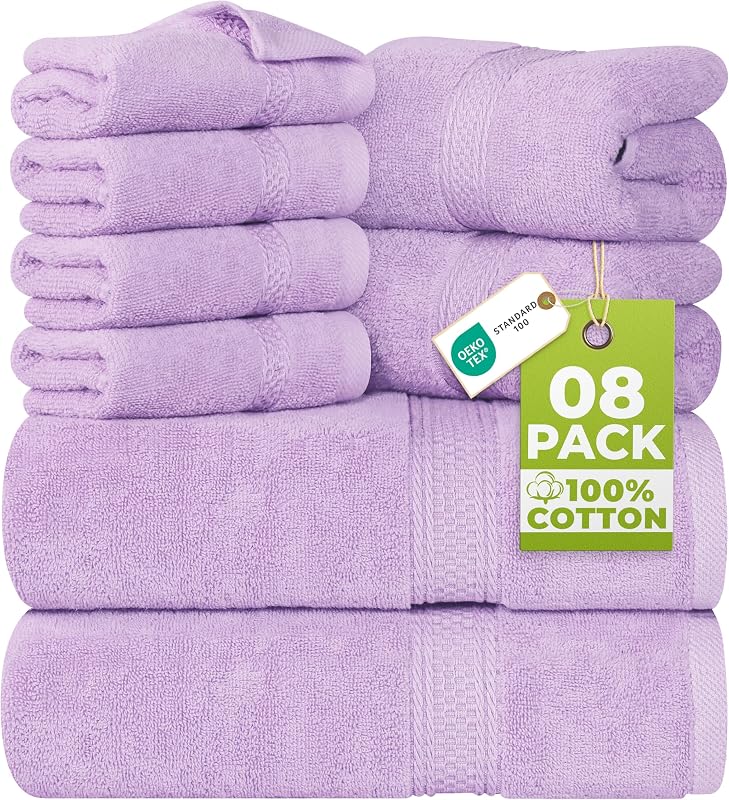 Utopia, Set di 8 asciugamani composto da 2 teli bagno, 2 ospiti e 4 lavette, in 100% cotone filato ad anelli da 600 g/m², altamente assorbenti, per bagno, palestra, hotel e spa (lavanda)