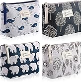 Boao 4 Pieces Canvas Makeup Bags Set Small Cosmetic Pouches for Purse with Zipper Multi Functional Toiletry Travel Case Organizer for Women Gift, 4 Styles(Small,Whale, Bear, Tree, Leave)