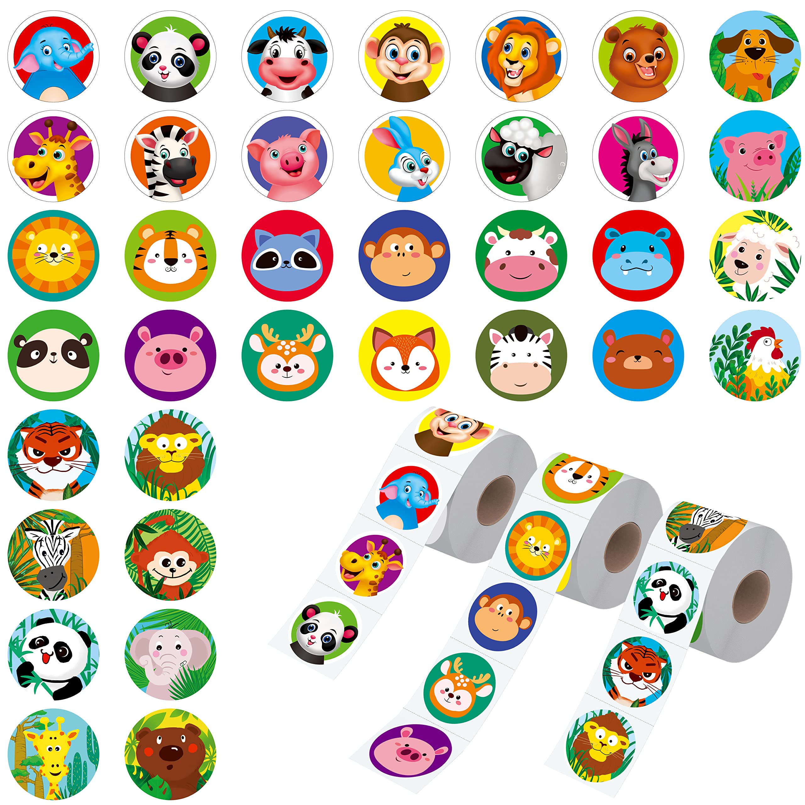 1800 PCS Round Animal Stickers, 36 Designs Adorable Cartoon Teacher Reward Encouragement Stickers for Kids, Party Decoration Sticker for School Classroom Home with Perforation Line(1โ Each, 3 Rolls) โ image 1