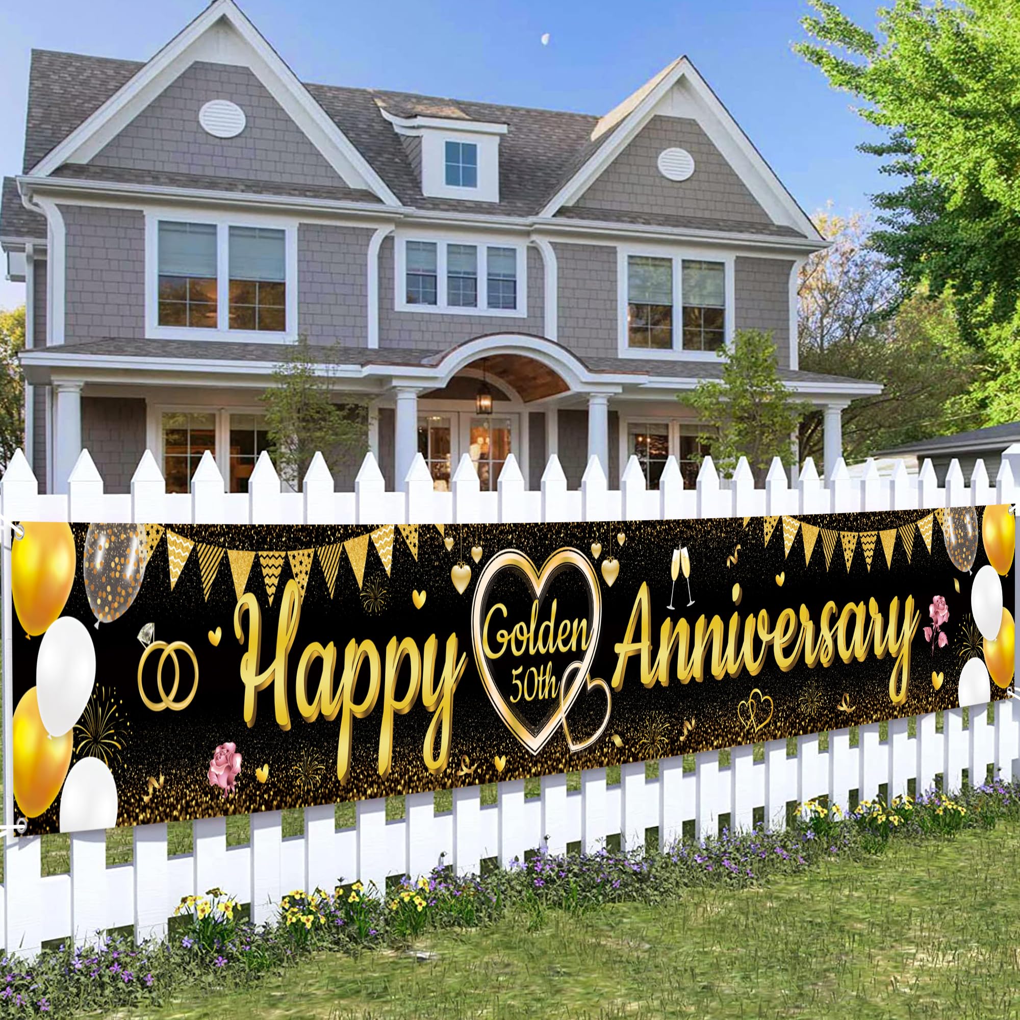 50th Wedding Anniversary Decorations Banner - Happy Golden 50th Anniversary Yard Banners, Glitter Backdrop Party Supplies for Couples(37x274cm/14.5x107.8in) — image 1
