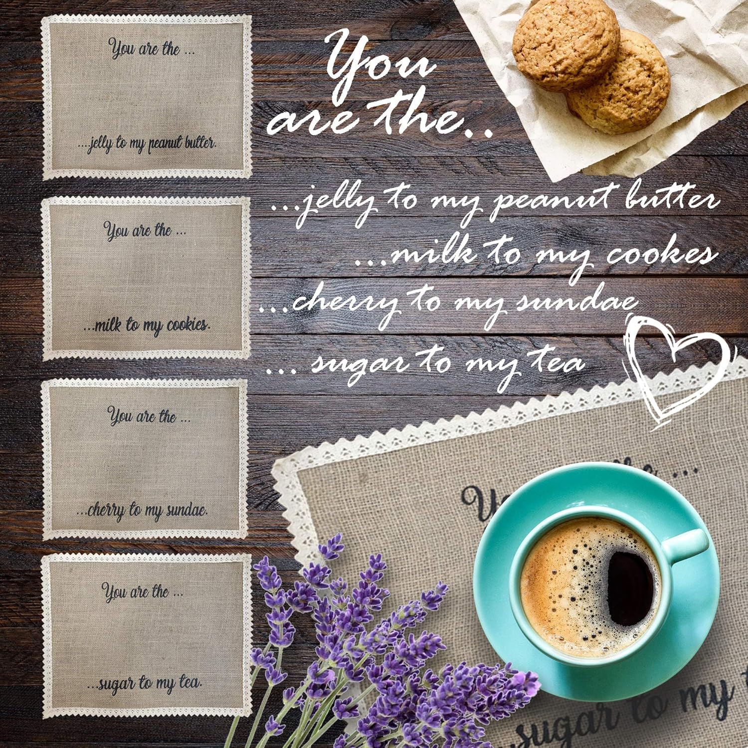 I Heart Home Place Mats for Tables – Set of 4 Burlap Table Mats – Cute Placemats for Dining Table – Whimsical Food Related Wordings – Rustic Farmhouse Design – Ideal Dining Table Mats Set: Home & Kitchen