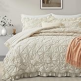 BEDAZZLED Queen Size Comforter Sets, Beige Bedding Comforter Set, 3 Pieces Pinch Pleat Bedding Sets with Comforter and Pillowcases Soft Farmhouse Shabby Chic Comforter for All Season