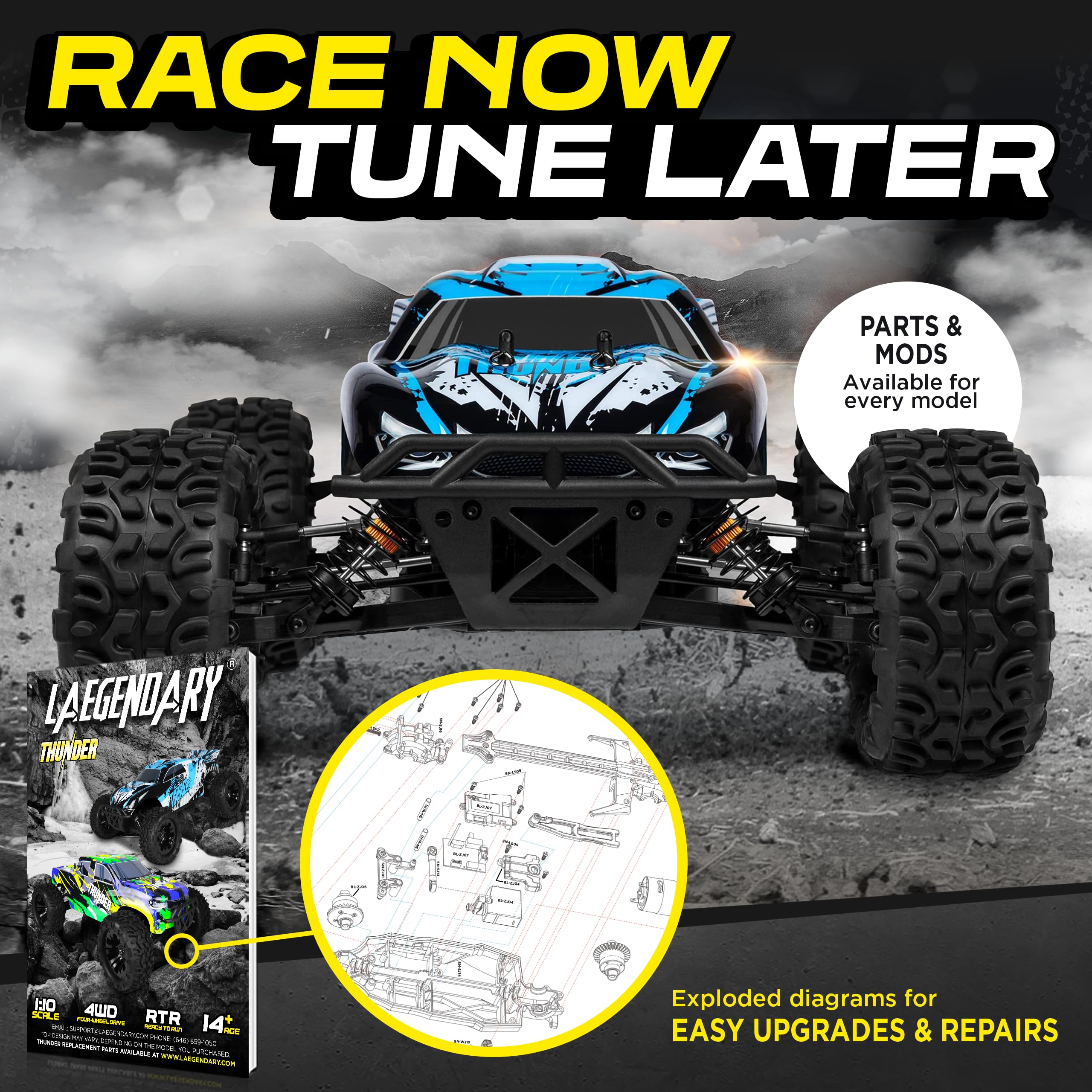 1:10 Scale Brushless RC Cars 65 km/h Speed - Boys Remote Control Car 4x4 Off Road Monster Truck Electric - All Terrain Waterproof Toys for Kids and Adults -2 Body Shell + Connector for 30+ Mins Play