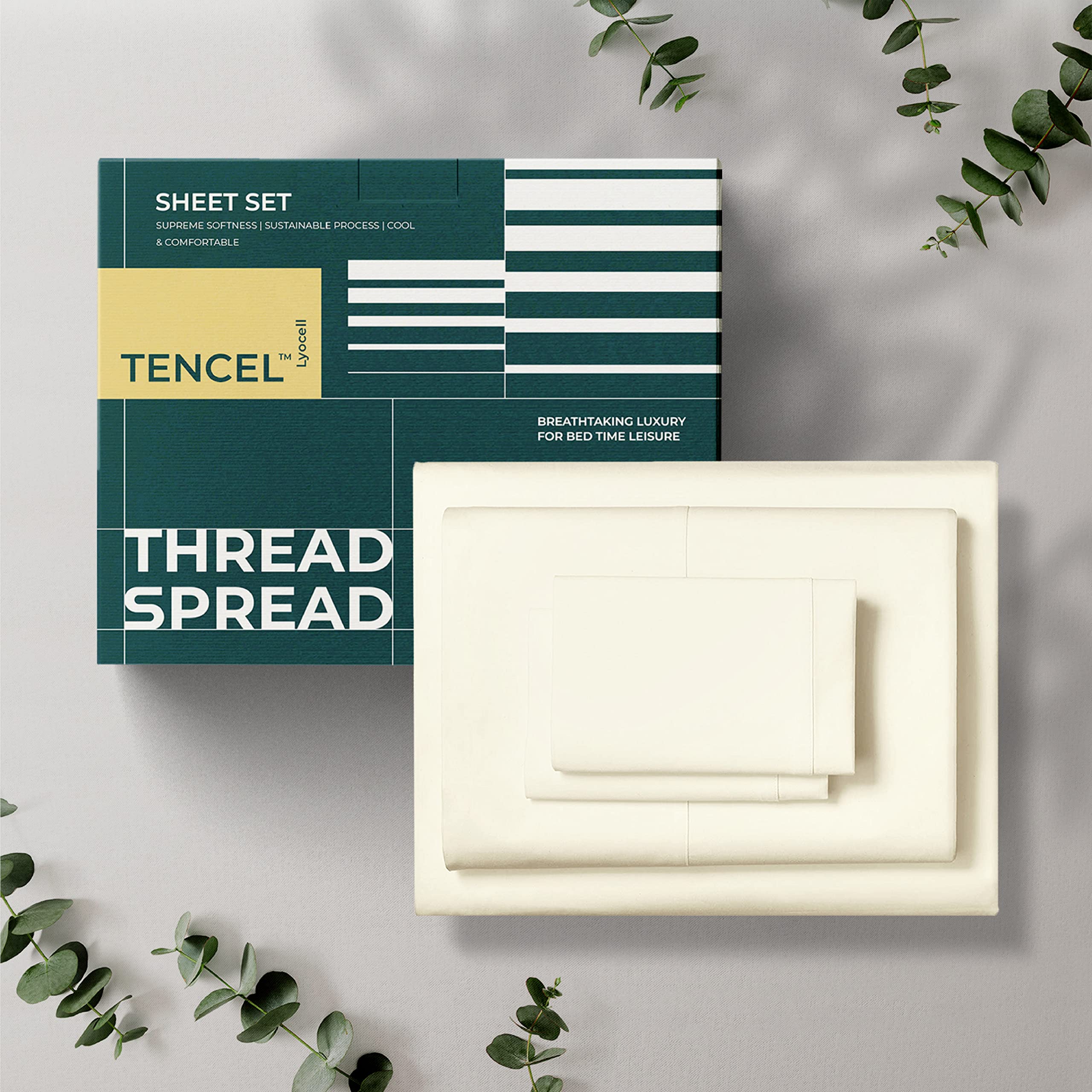 Photo 1 of THREAD SPREAD 100% Tencel Sheets King Size - 4 PC King Tencel Lyocell Sheets Set, Durable, Silky Soft Eucalyptus Bedsheet, 16" Deep Pocket Cooling Bedsheet for Hot Sleepers - Ivory