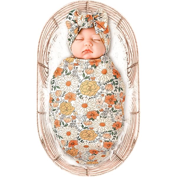 RATIVE Baby Swaddle Receiving Blanket With Headband - Unisex Newborn Wrap, 33.5x33.5 Inches
