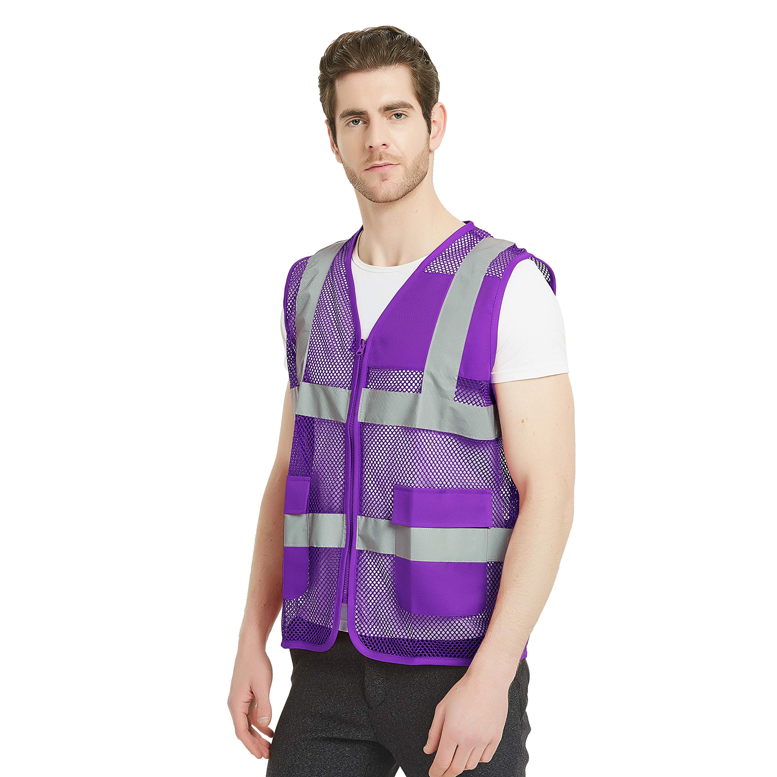 GOGO Unisex US Big Mesh Volunteer Vest Zipper Front Safety Vest with Reflective Strips and Pockets-Purple-US M