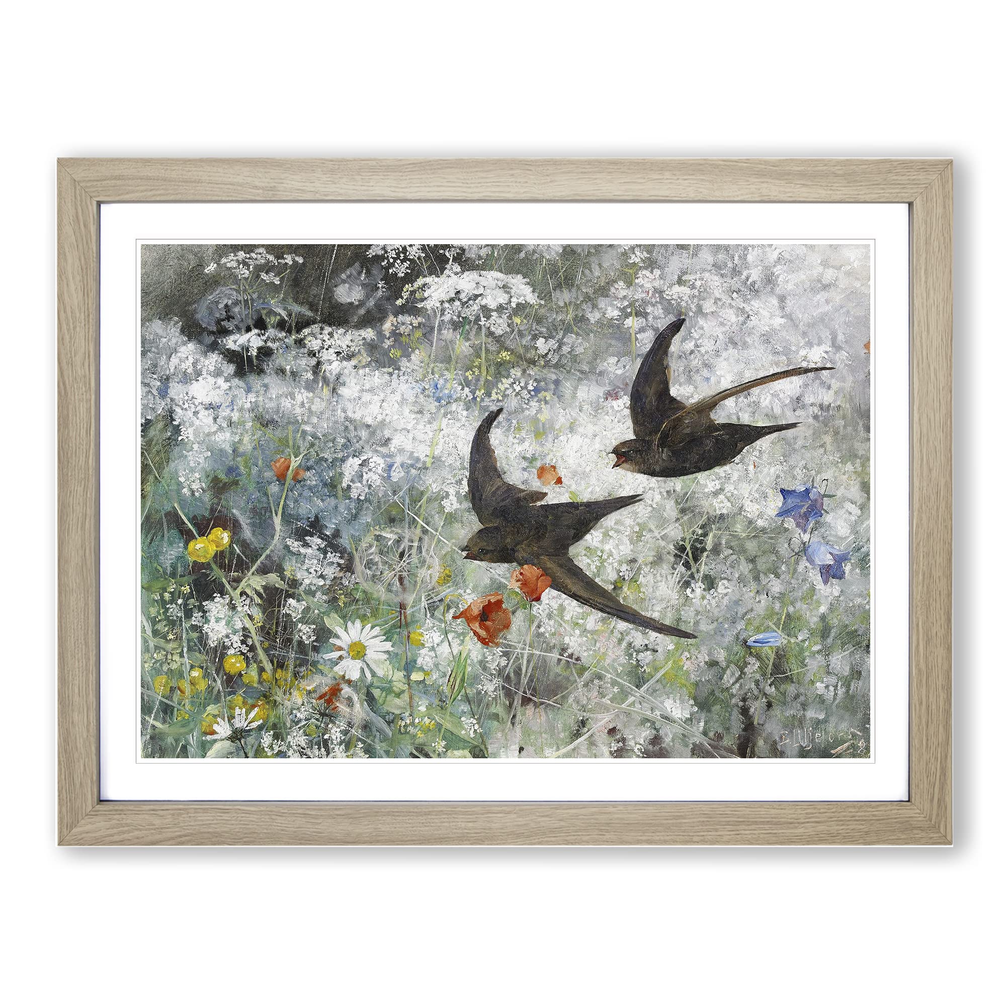 Common Swift Birds By Bruno Liljefors Classic Painting Framed Wall Art Print, Ready to Hang Picture for Living Room Bedroom Home Office Décor, Oak A4 (34 x 25 cm)
