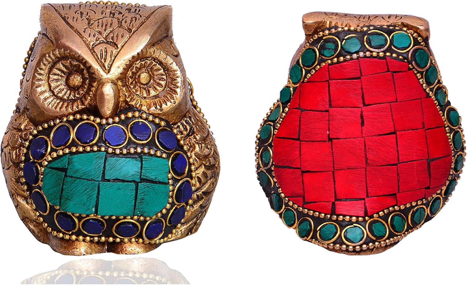 Purpledip Brass Statue 'Mighty Owl': Decorative Showpiece with Beads and Colourful Gemstones (10530), Gold, Standard