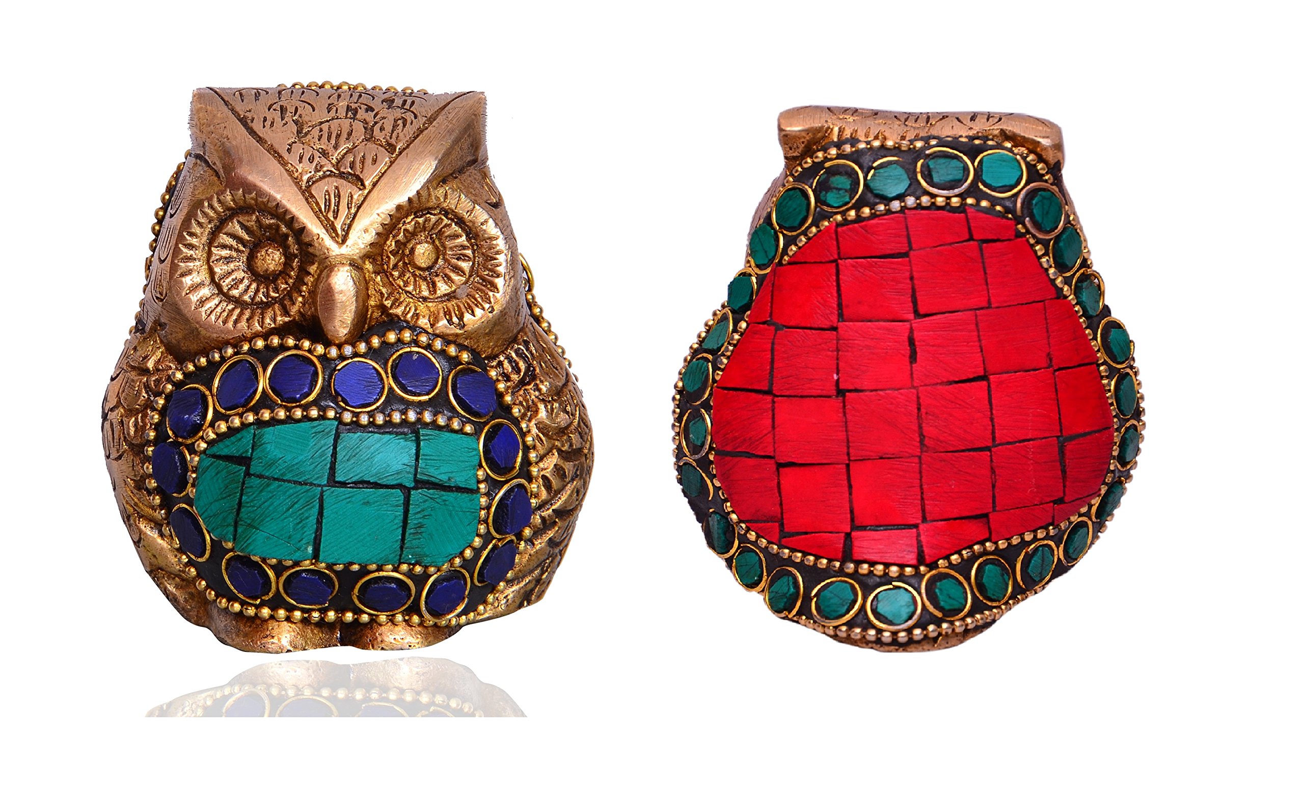 Purpledip Brass Statue 'Mighty Owl': Decorative Showpiece with Beads and Colourful Gemstones (10530)