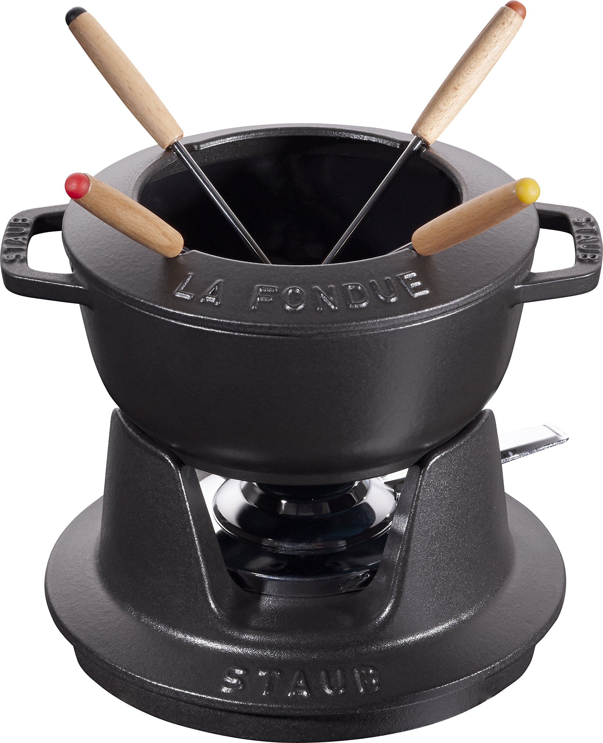 Staub Fondue Set with 4 Forks, Suitable for Cheese, Chocolate and Meat Fondue, Cast Iron, Black, 16 cm