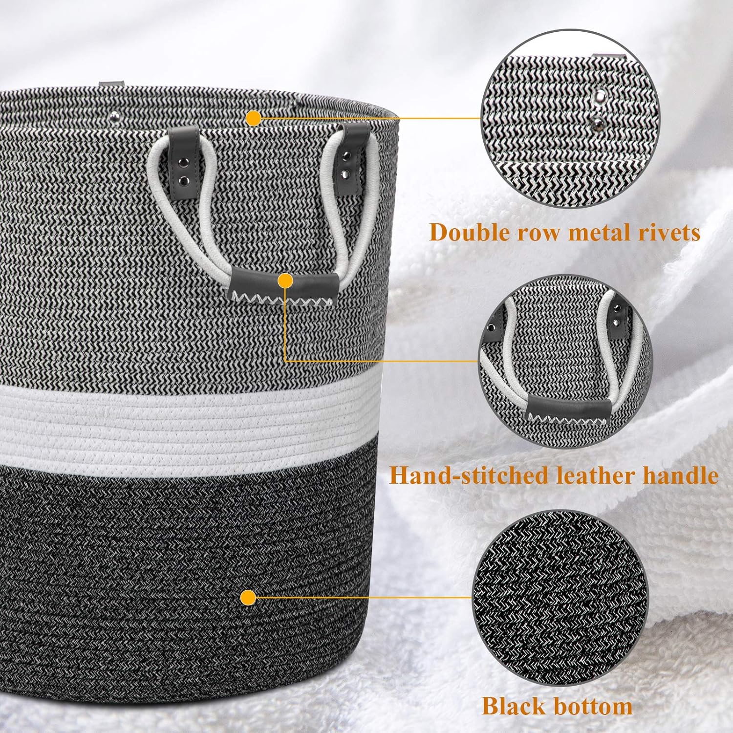 17x17x19 Inches Large Cotton Rope Basket, Storage Basket, Woven Laundry Hamper, Toy Storage Bin, Nursery Storage Basket, Baby Bin Organizer, White & Black: Home & Kitchen